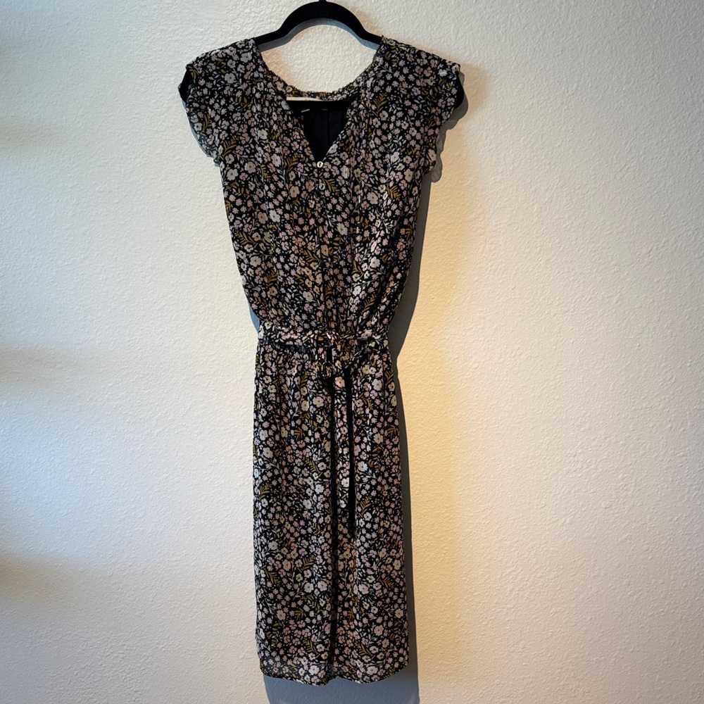 LOFT Black lining with Pink Floral Midi Dress